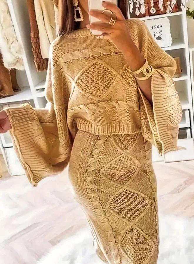 Take Two Take Two Plus Size Solid Cable Knit Top and Skirts Co-Ords