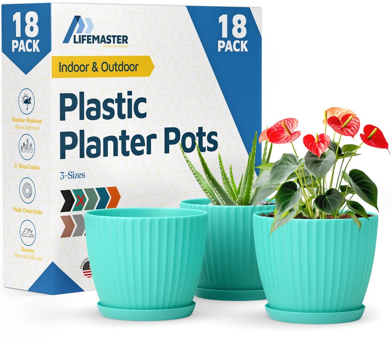 LifeMaster Aqua 6-Inch Plant Pots with Drainage & Saucers 18 Pack, Indoor & Outdoor Planters for Houseplants, Herbs, and Flowers, Durable & Weatherproof Material, Stackable, Lightweight, Minimalist Design - Image 1
