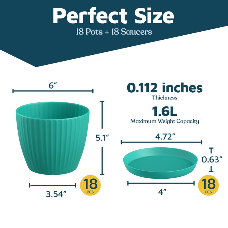 LifeMaster Aqua 6-Inch Plant Pots with Drainage & Saucers 18 Pack, Indoor & Outdoor Planters for Houseplants, Herbs, and Flowers, Durable & Weatherproof Material, Stackable, Lightweight, Minimalist Design - Image 2