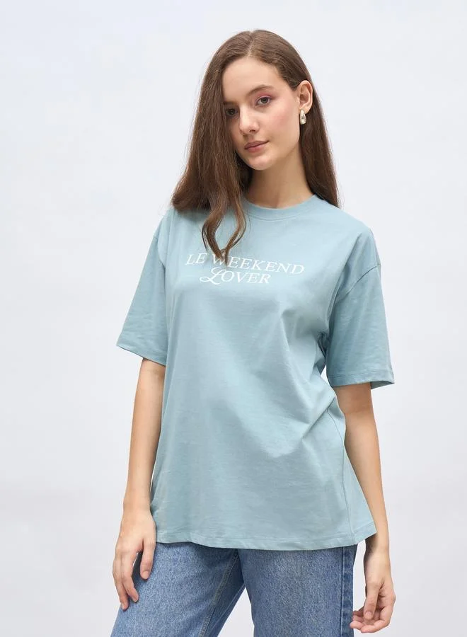 Styli Women Blue Slogan Print Oversized T-Shirt