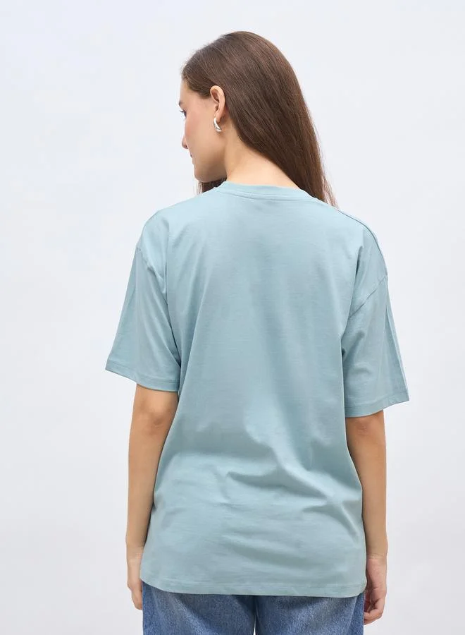 Styli Women Blue Slogan Print Oversized T-Shirt
