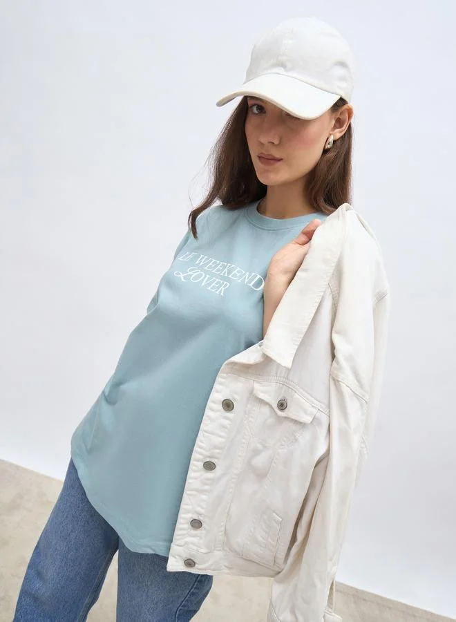 Styli Women Blue Slogan Print Oversized T-Shirt