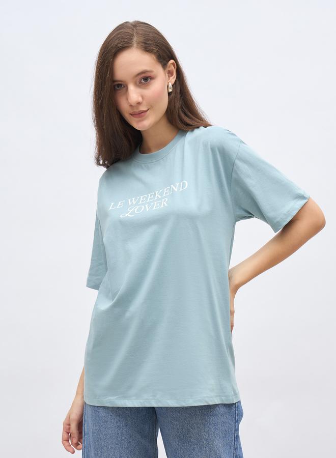 Styli Women Blue Slogan Print Oversized T-Shirt - Image 1