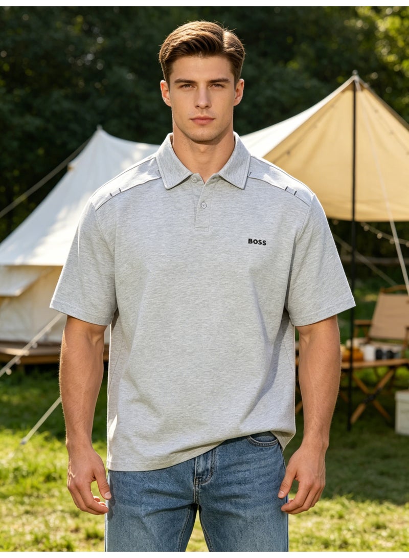BOSS Soft Cotton Blend Polo Shirt, Short Sleeve Light Grey, Casual Comfort Wear with Printed Logo - Image 3