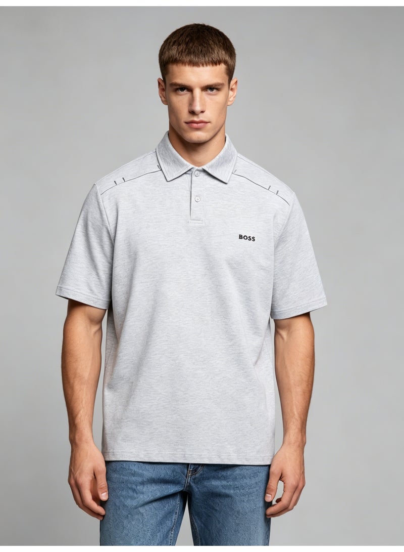 BOSS Soft Cotton Blend Polo Shirt, Short Sleeve Light Grey, Casual Comfort Wear with Printed Logo - Image 5
