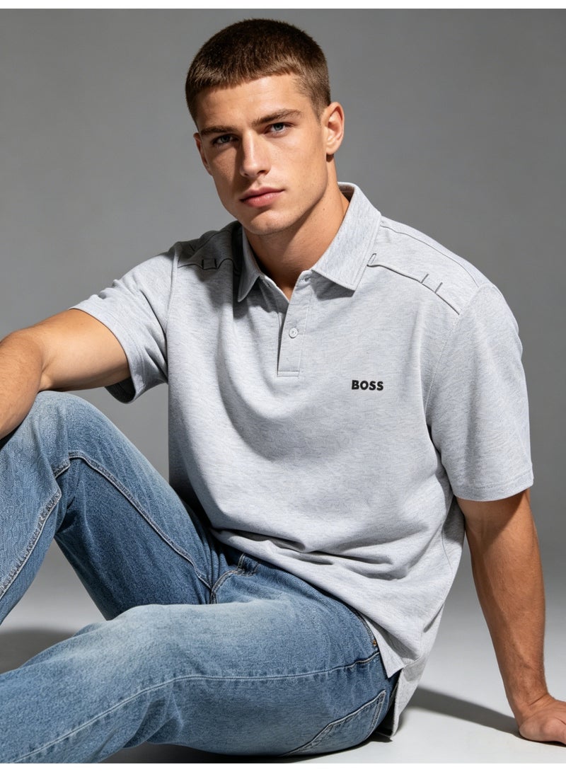 BOSS Soft Cotton Blend Polo Shirt, Short Sleeve Light Grey, Casual Comfort Wear with Printed Logo - Image 2