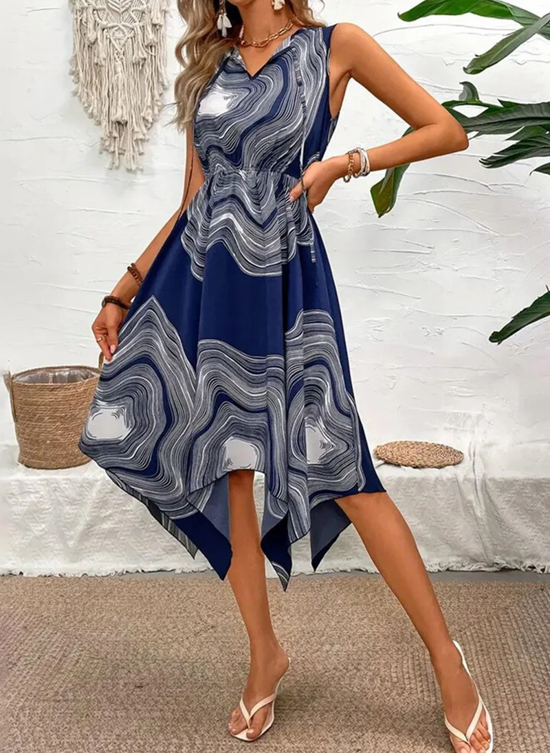 يونيكي Navy Blue Abstract Print Fit and Flare Dress