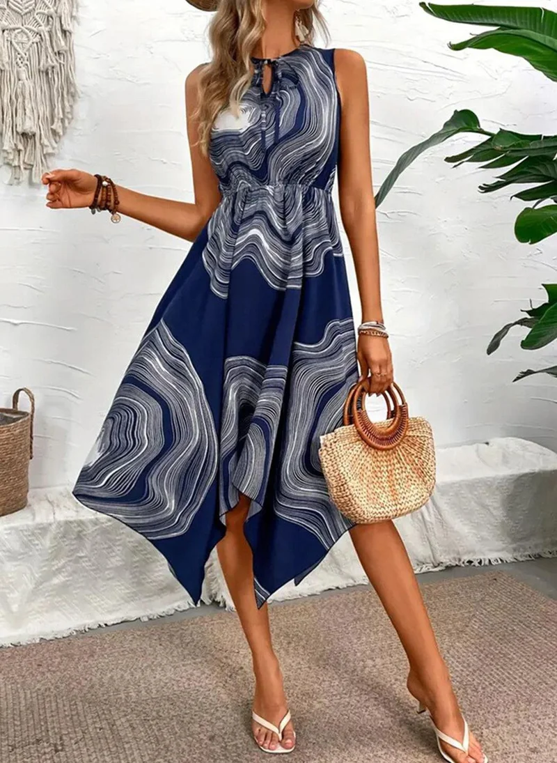 يونيكي Navy Blue Abstract Print Fit and Flare Dress