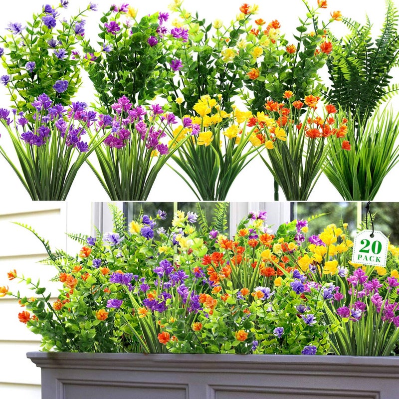 Pseutio 20 Bundles Artificial Flowers for Outdoors UV Resistant Fake Flowers Realistic Faux Flowers Artificial Plants Outdoor for Spring Summer Indoor Garden Patio Window Box Kitchen Home Decor - Image 1