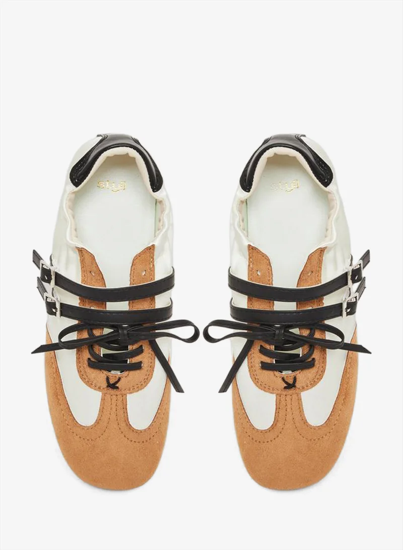 Styli  Satin Panel Buckle Strap Sneakers for Women | Best Price UAE