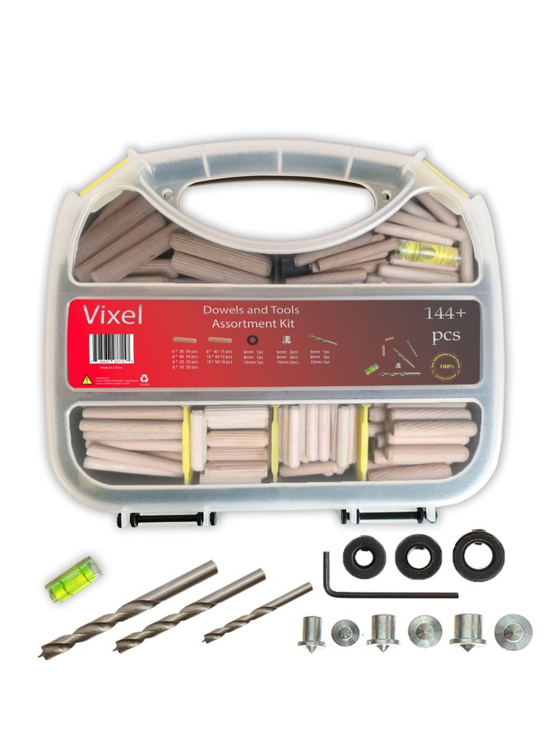 Vixel VIXEL 144+ pcs Wooden Dowels and Tools Assortment Kit Complete Woodworking Set for Repair, DIY and Home Improvement Including Wooden Dowels, Drill Bits, Drill Stops and Level Gauge  - Image 1