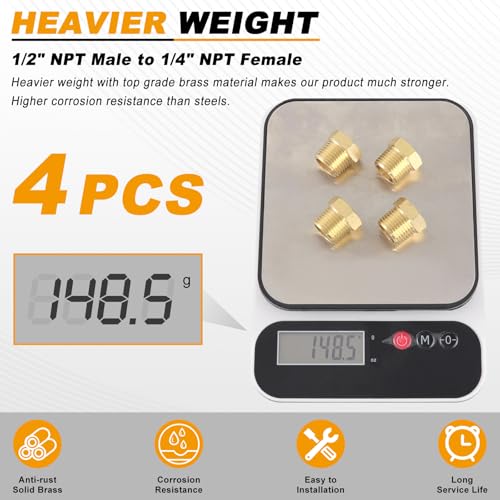 KOOTANS 4pcs Heavy Duty 1/2 NPT Male Thread to 1/4 NPT Female Thread Brass Reducer Hex Bushing Brass Fitting Pipe Hose Tube Adapter Convert - Image 5