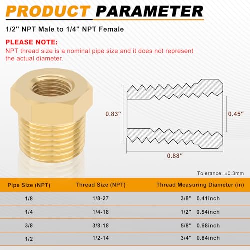 KOOTANS 4pcs Heavy Duty 1/2 NPT Male Thread to 1/4 NPT Female Thread Brass Reducer Hex Bushing Brass Fitting Pipe Hose Tube Adapter Convert - Image 2