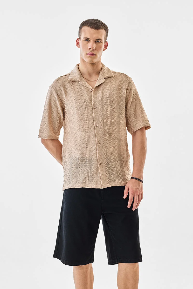 SNITCH Beige Textured Half Sleeve Boxy Shirt