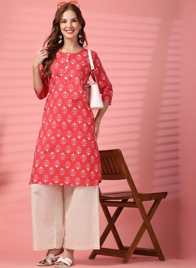 COTLAND FASHION Floral Printed Round Neck Straight Pure Cotton Kurta With Palazzos - Image 4