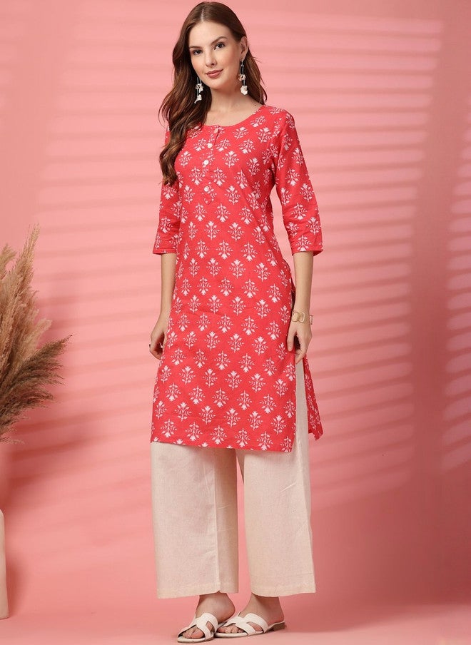 COTLAND FASHION Floral Printed Round Neck Straight Pure Cotton Kurta With Palazzos - Image 2