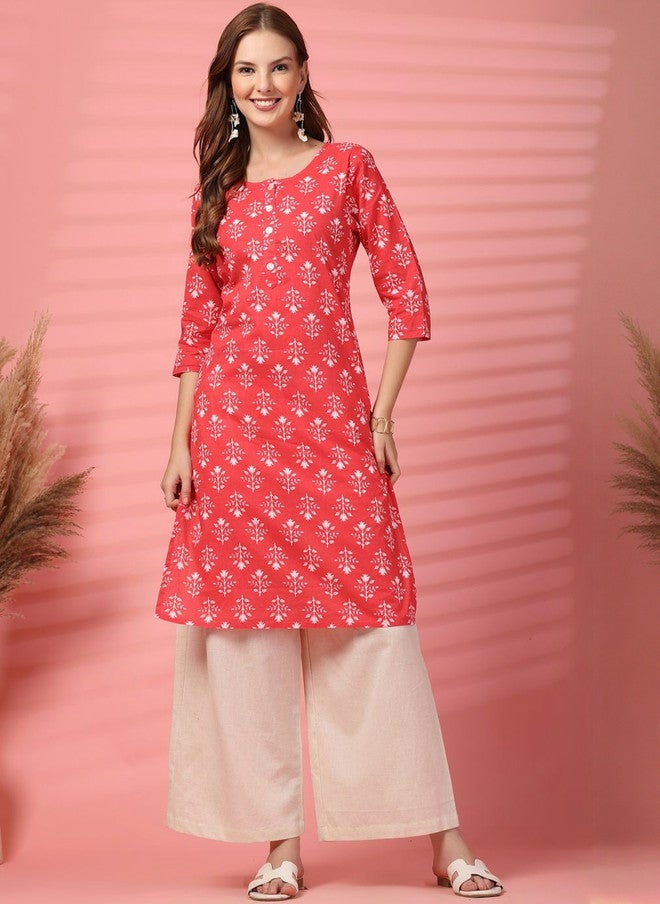 COTLAND FASHION Floral Printed Round Neck Straight Pure Cotton Kurta With Palazzos - Image 1