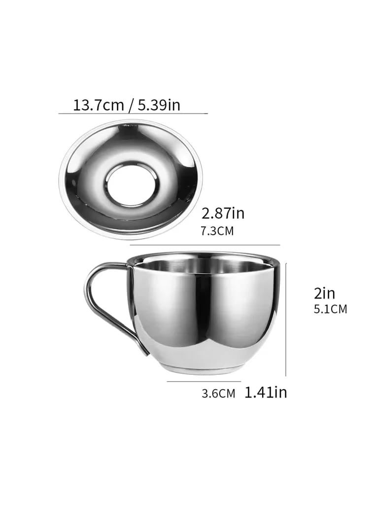 Liying 1Pcs Insulated Espresso Cup Stainless Steel Coffee Mugs Set (180ml), Double Walled Coffee Cup with Saucer and Spoon, Espresso Latte Cappuccino Milk Tea Cup  - Image 2
