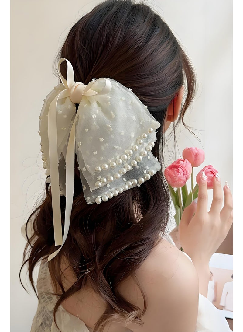KHAJUL 1pcs Hair Claw Clips with Large Bows Pearls Hair Bows Claw Clip Pearl Ribbon Bowknot Nonslip Big Bow Scrunchies Hair Accessories for Women Girls (White) - Image 1