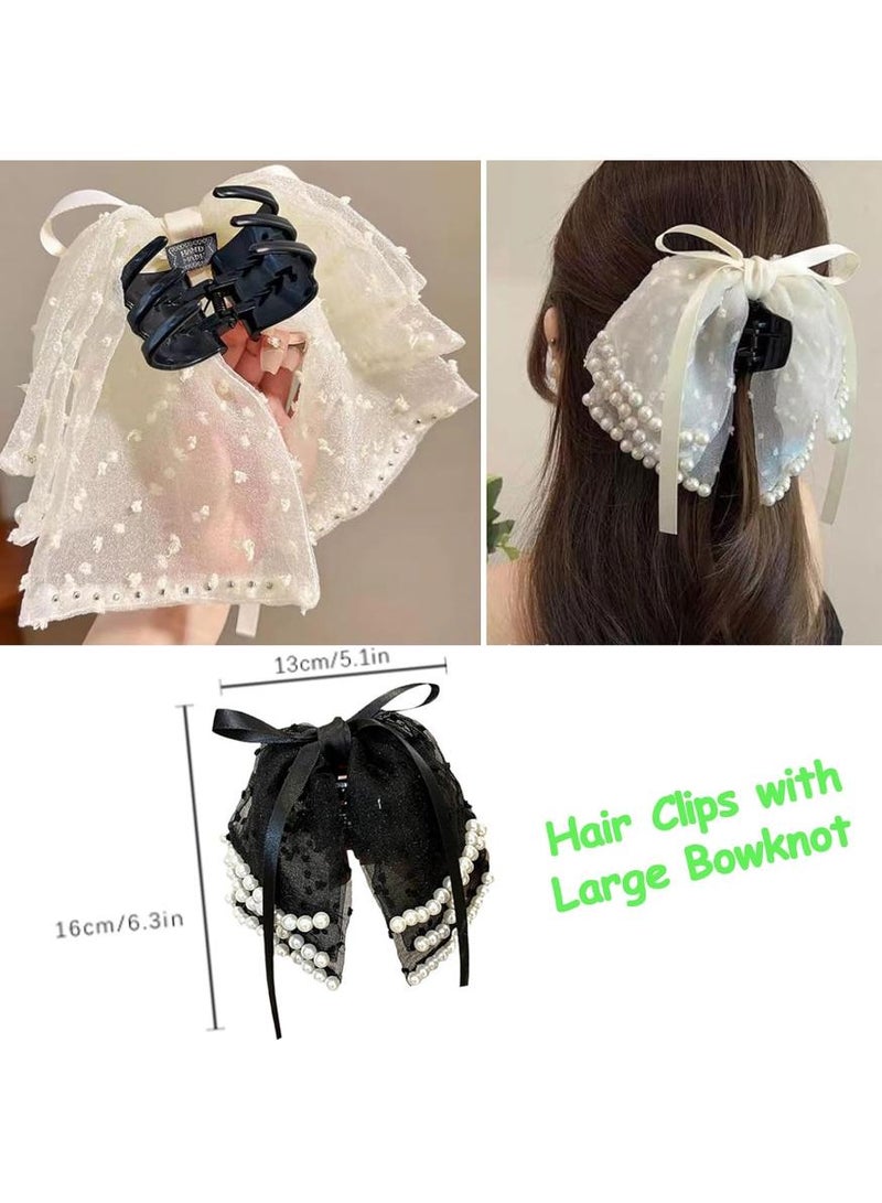 KHAJUL 1pcs Hair Claw Clips with Large Bows Pearls Hair Bows Claw Clip Pearl Ribbon Bowknot Nonslip Big Bow Scrunchies Hair Accessories for Women Girls (White) - Image 2