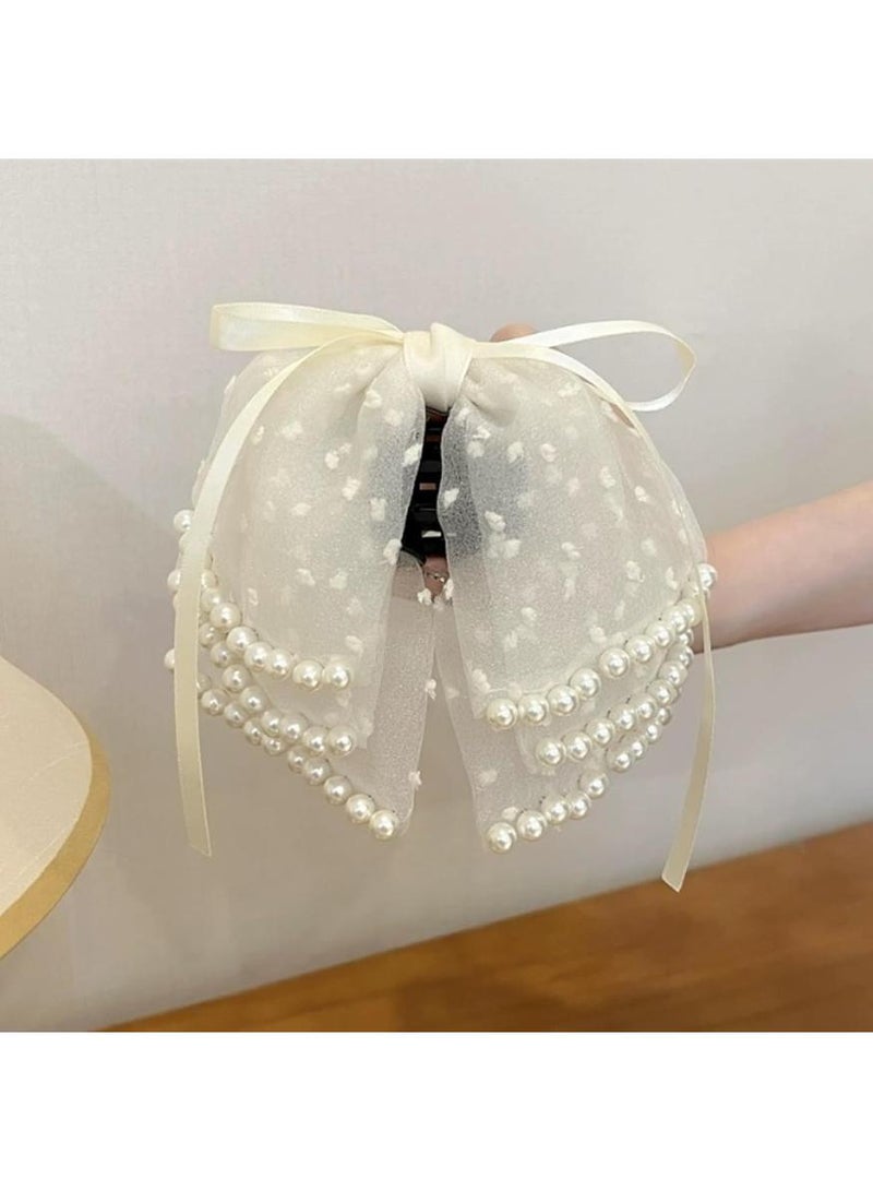 KHAJUL 1pcs Hair Claw Clips with Large Bows Pearls Hair Bows Claw Clip Pearl Ribbon Bowknot Nonslip Big Bow Scrunchies Hair Accessories for Women Girls (White) - Image 4