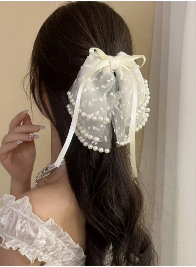 KHAJUL 1pcs Hair Claw Clips with Large Bows Pearls Hair Bows Claw Clip Pearl Ribbon Bowknot Nonslip Big Bow Scrunchies Hair Accessories for Women Girls (White) - Image 3