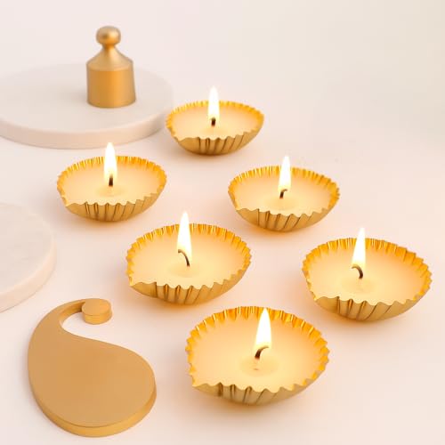 Brahmz Premium Metal Diya Candle Set | Long Burning 6 Hr Scented Wax Diya with Reusable Holder | Festive & Corporate Gifting for Diwali, Pooja, Home Décor (Set of 6, Vanilla) - Image 1