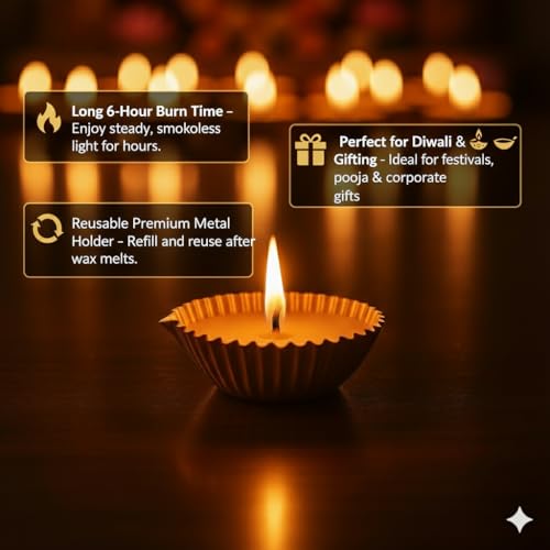Brahmz Premium Metal Diya Candle Set | Long Burning 6 Hr Scented Wax Diya with Reusable Holder | Festive & Corporate Gifting for Diwali, Pooja, Home Décor (Set of 6, Vanilla) - Image 3