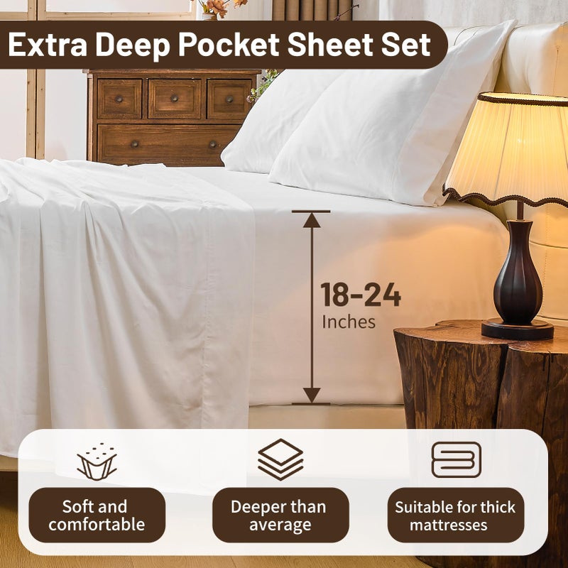 MEISHANG Extra Deep Pocket Cotton Sheets King Size - 100% Egyptian Cotton 1000 Thread Count - Fits 18"-24" in Deep Mattress,Oeko-Tex Certified, Soft & Breathable - 4 Piece (King, White) - Image 4