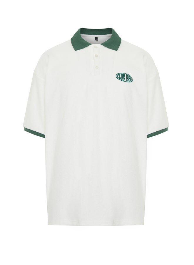 trendyol Ecru Men's Oversize/Wide Cut Text Embroidered Towel Fabric Buttoned Polo Collar T-Shirt - Image 4