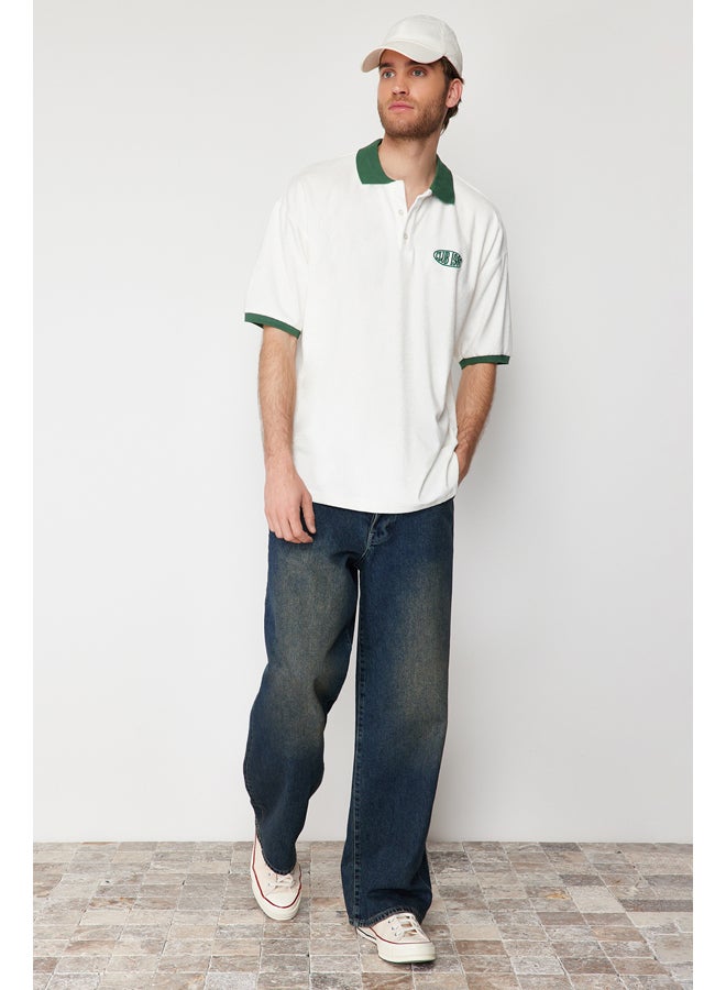 trendyol Ecru Men's Oversize/Wide Cut Text Embroidered Towel Fabric Buttoned Polo Collar T-Shirt - Image 2