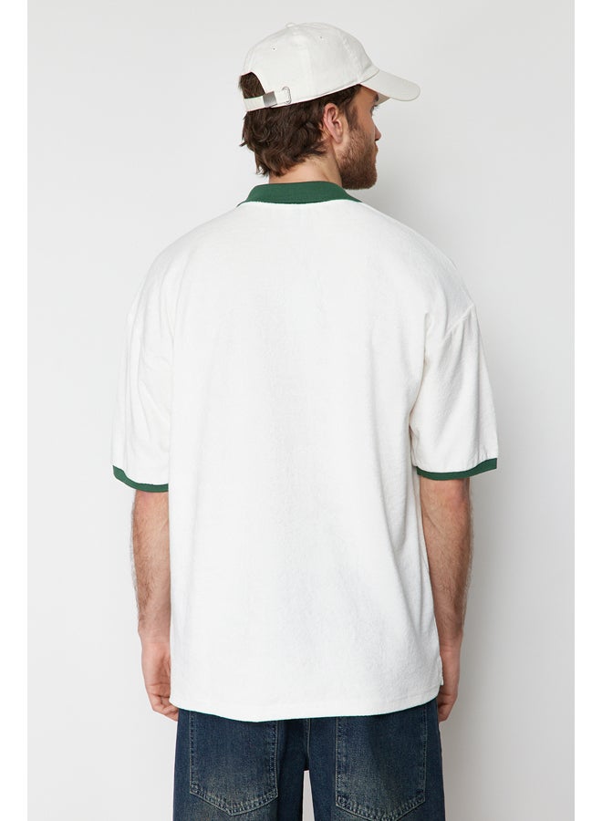 trendyol Ecru Men's Oversize/Wide Cut Text Embroidered Towel Fabric Buttoned Polo Collar T-Shirt - Image 3