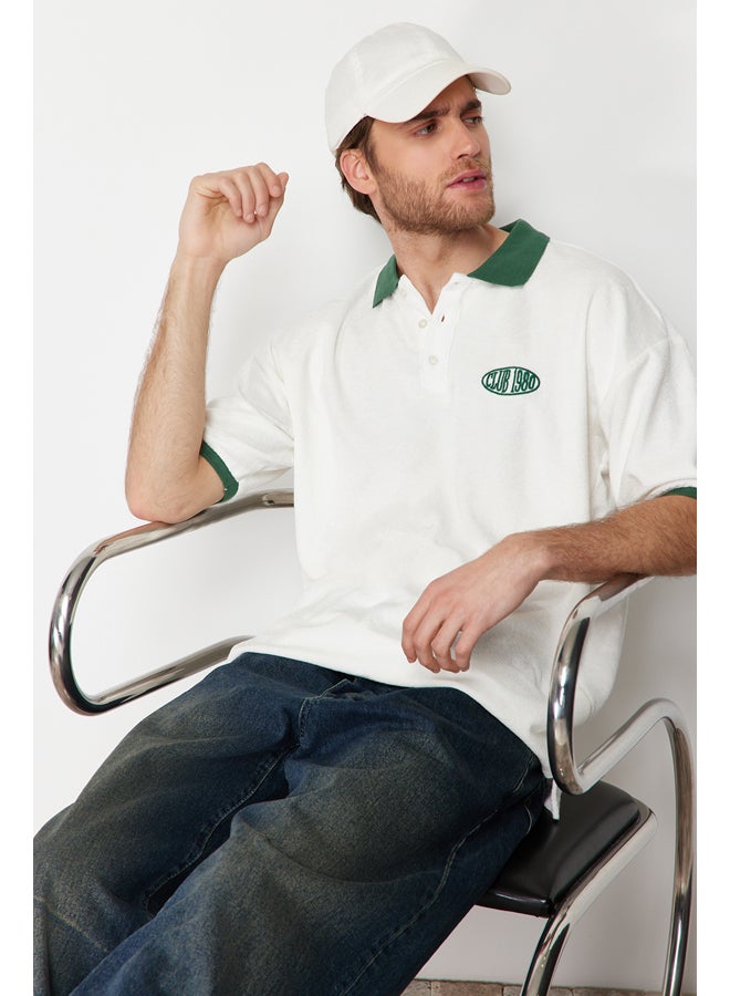 trendyol Ecru Men's Oversize/Wide Cut Text Embroidered Towel Fabric Buttoned Polo Collar T-Shirt - Image 1