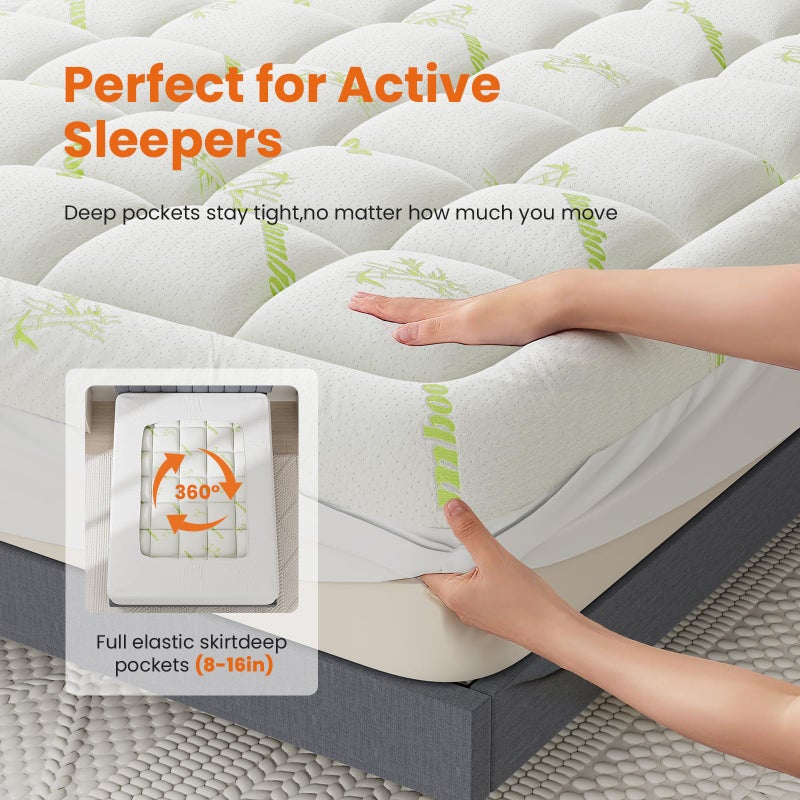 DUMOS Queen Size Ultra Soft Mattress Topper, Viscose Derived from Bamboo, Pillow Top Mattress Pad with Stretchable Pockets, Breathable Cooling Topper for Back Pain Relief - Image 4