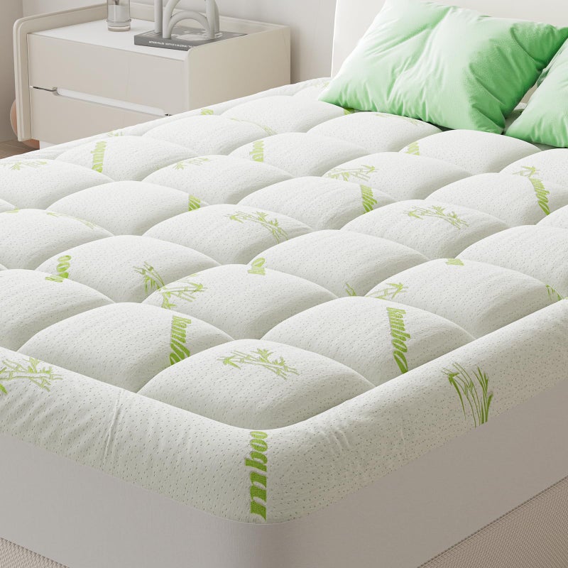 DUMOS Queen Size Ultra Soft Mattress Topper, Viscose Derived from Bamboo, Pillow Top Mattress Pad with Stretchable Pockets, Breathable Cooling Topper for Back Pain Relief - Image 1