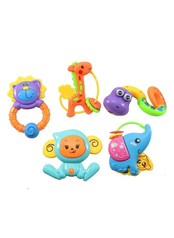 Storio Rubber 5 Pcs Lovely Colourful Rattle Toys For Toddler Based On Theme Of Jungle Animals For New Borns Baby/Toddler/Infant/Child-Pack Of 5,Multicolor - Image 1