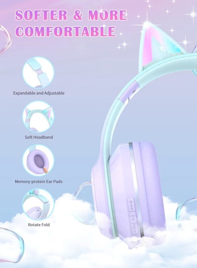 سماعات رأس بلوتوث للأطفال، سماعات رأس لاسلكية للأطفال مزودة بإضاءة LED على شكل أذن قطة مع ميكروفون، قابلة للطي، عصابة رأس قابلة للتعديل، بلوتوث 5.3 وسماعات رأس ستيريو فوق الأذن للأطفال للمدرسة/الأجهزة اللوحية (أرجواني) - Image 4