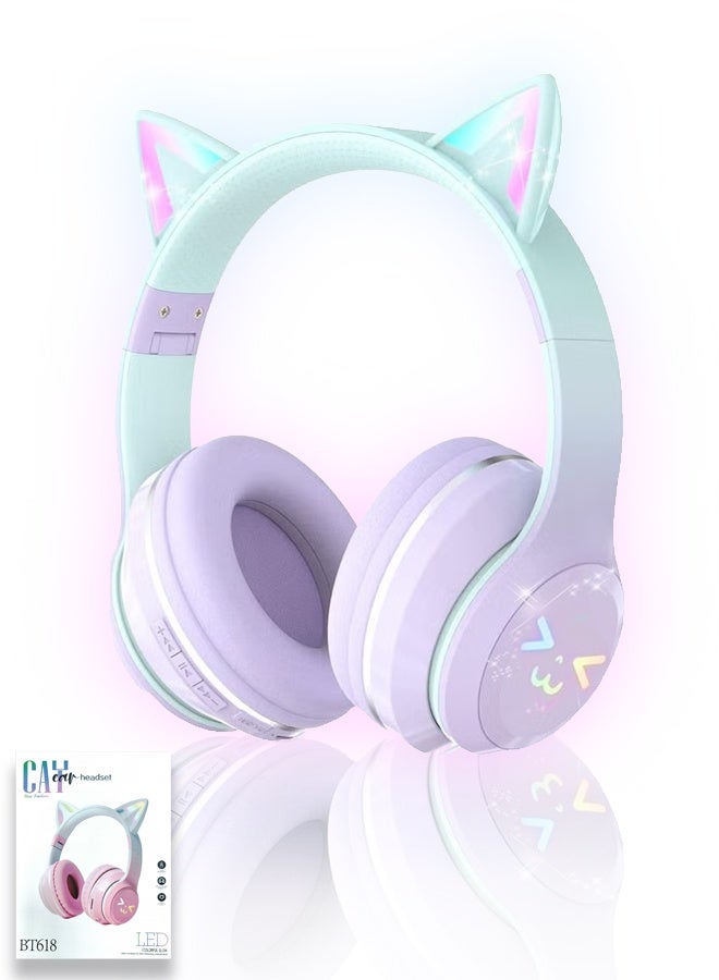 سماعات رأس بلوتوث للأطفال، سماعات رأس لاسلكية للأطفال مزودة بإضاءة LED على شكل أذن قطة مع ميكروفون، قابلة للطي، عصابة رأس قابلة للتعديل، بلوتوث 5.3 وسماعات رأس ستيريو فوق الأذن للأطفال للمدرسة/الأجهزة اللوحية (أرجواني) - Image 1