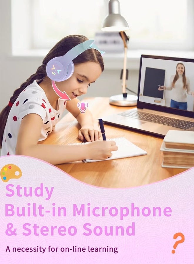 سماعات رأس بلوتوث للأطفال، سماعات رأس لاسلكية للأطفال مزودة بإضاءة LED على شكل أذن قطة مع ميكروفون، قابلة للطي، عصابة رأس قابلة للتعديل، بلوتوث 5.3 وسماعات رأس ستيريو فوق الأذن للأطفال للمدرسة/الأجهزة اللوحية (أرجواني) - Image 5