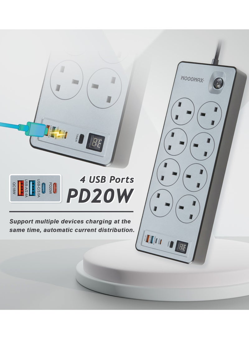 MOOGMAX BERTA Multiple cord Extension 2990W, with eight-socket, two Type-C ports support fast charging up to 20W and two USB-A ports compatible with most devices, an electrical strip equipped with an automatic shut-off timer (For Type-C and USB ports only, power outlets are not included) and an on/off button, a fire-safe socket up to 750 C, certified with quality and safety (SASO, GCC and RoHS) certificates. 5 meters long. From Moogmax  - Image 3