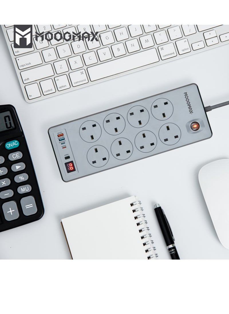 MOOGMAX BERTA Multiple cord Extension 2990W, with eight-socket, two Type-C ports support fast charging up to 20W and two USB-A ports compatible with most devices, an electrical strip equipped with an automatic shut-off timer (For Type-C and USB ports only, power outlets are not included) and an on/off button, a fire-safe socket up to 750 C, certified with quality and safety (SASO, GCC and RoHS) certificates. 5 meters long. From Moogmax  - Image 4
