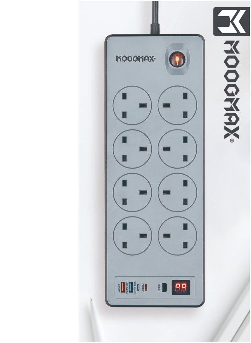 MOOGMAX BERTA Multiple cord Extension 2990W, with eight-socket, two Type-C ports support fast charging up to 20W and two USB-A ports compatible with most devices, an electrical strip equipped with an automatic shut-off timer (For Type-C and USB ports only, power outlets are not included) and an on/off button, a fire-safe socket up to 750 C, certified with quality and safety (SASO, GCC and RoHS) certificates. 5 meters long. From Moogmax  - Image 2