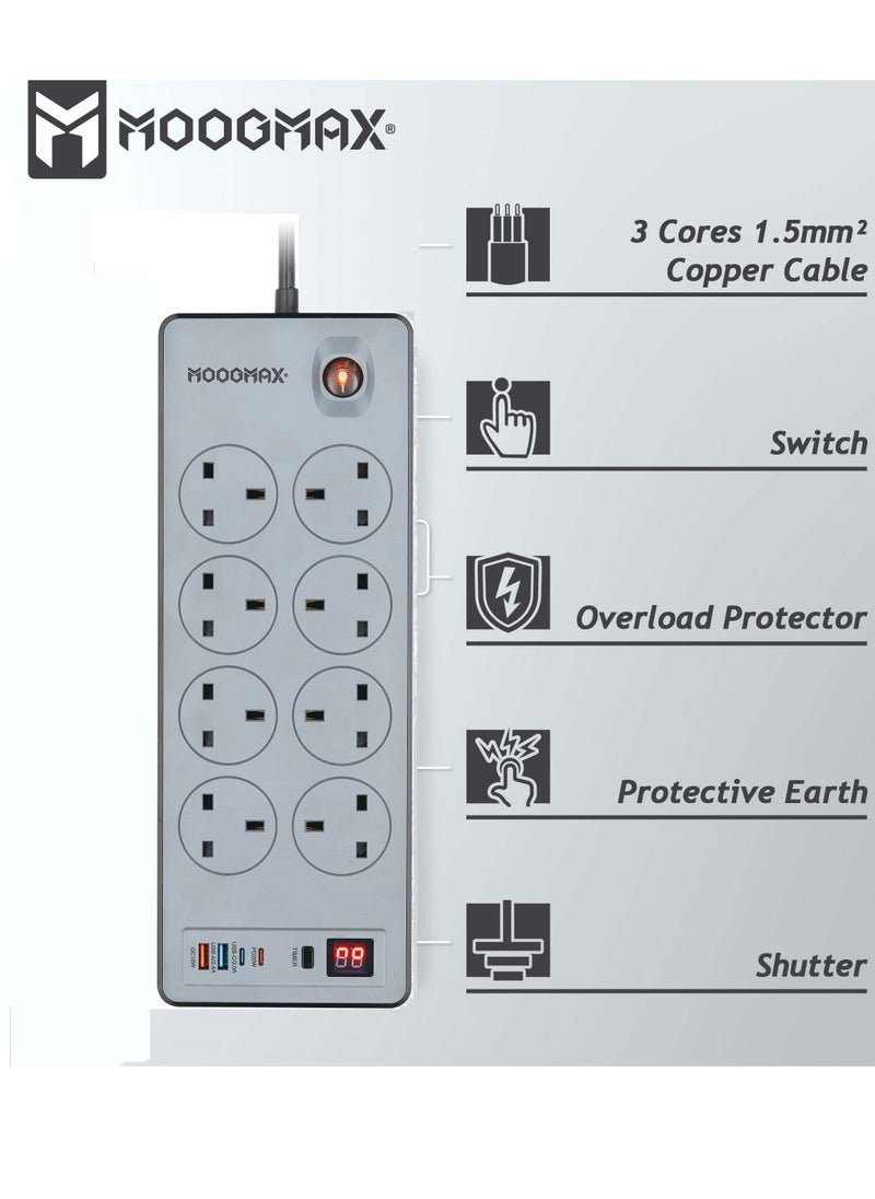 MOOGMAX BERTA Multiple cord Extension 2990W, with eight-socket, two Type-C ports support fast charging up to 20W and two USB-A ports compatible with most devices, an electrical strip equipped with an automatic shut-off timer (For Type-C and USB ports only, power outlets are not included) and an on/off button, a fire-safe socket up to 750 C, certified with quality and safety (SASO, GCC and RoHS) certificates. 5 meters long. From Moogmax  - Image 5