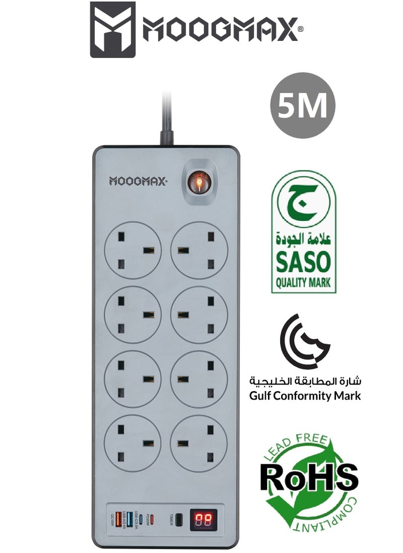 MOOGMAX BERTA Multiple cord Extension 2990W, with eight-socket, two Type-C ports support fast charging up to 20W and two USB-A ports compatible with most devices, an electrical strip equipped with an automatic shut-off timer (For Type-C and USB ports only, power outlets are not included) and an on/off button, a fire-safe socket up to 750 C, certified with quality and safety (SASO, GCC and RoHS) certificates. 5 meters long. From Moogmax  - Image 1
