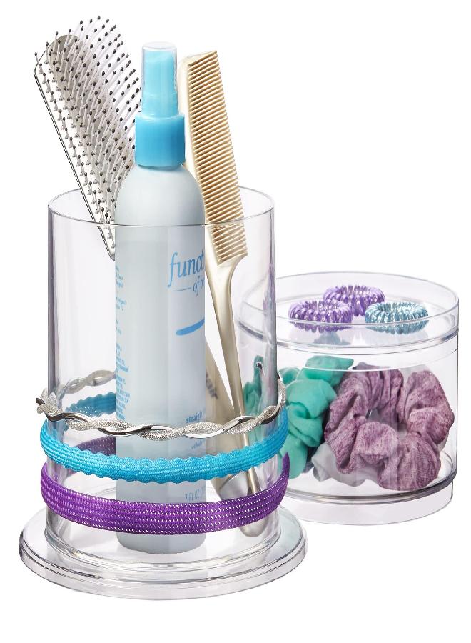 STORi STORi Bella Stackable Clear Plastic Hair Accessory Organizer Set | Round Headband and Hairbrush Holder Stacks on the Storage Containers with Tray Lid | Made in USA - Image 1