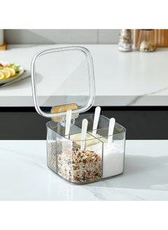 UrbanEssentia 4-Compartment Spice Jar with Lid and Spoons, Clear Plastic Seasoning Pot, 4-Grid Spice Organizer, Condiments Jar with Spoons and Air Tight Cover, Kitchen Organizer.  - Image 1