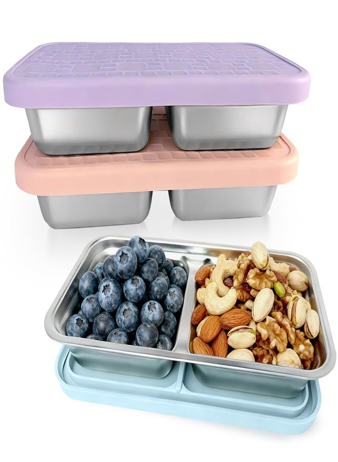Mostdream 3 Pack 15 oz Stainless Steel Snack Containers for Kids, reusable metal snack containers with Silicone lids, 2 Compartment Stackable Metal Toddler Lunch Box for Daycare, School and Outdoor - Image 1