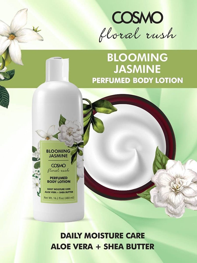 COSMO لوسيون الجسم المعطر بجاسمين مزهر من كوزمو مع زبدة الشيا وزبدة الكاكاو وفيتامين E، 480 مل، عناية رطبة يومية، لجميع أنواع البشرة - Image 2