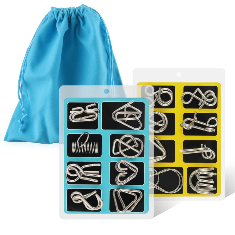 Coogam Metal Wire Puzzle Set of 16 with Pouch,Brain Teaser IQ Test Disentanglemen Iron Link Unlock Interlock Game Chinese Ring Magic Trick Toy for Party Favor Kids Adults Challenge - Image 1