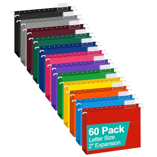 HERKKA Extra Capacity Hanging File Folders, 60 Pack Reinforced Letter Size Hanging Folders with Heavy Duty 2 Inch Expansion, Designed for Bulky Files, Medical Charts, 12 Assorted Colors - Image 1